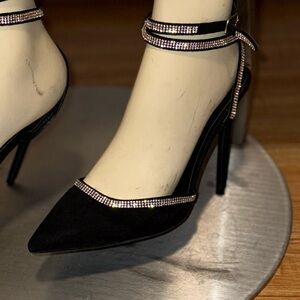Lulus Luciee Black Satin Rhinestone Ankle Strap Heels Size 8